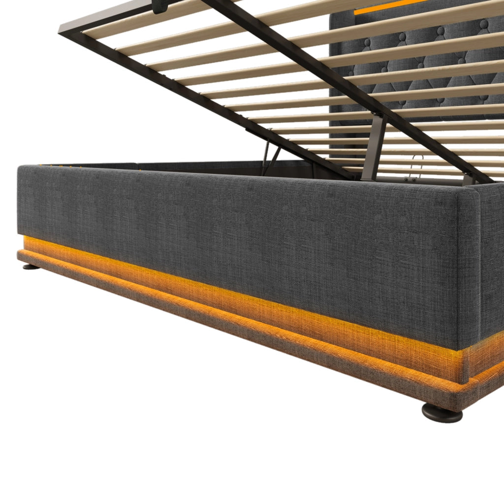 Letto matrimoniale 140x200 cm in lino grigio con LED; USB e contenitore idraulico