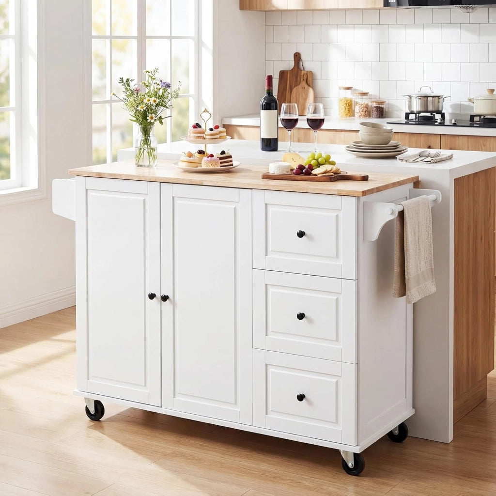 Carrello da Cucina in Legno, Carrello Isola Cucina con Ripiano Ribaltabile, Ruote, 3 Cassetti e Armadietto, Porta Spezie e Asciugamani, 129,5x76x93 cm