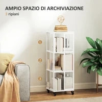 Libreria Moderna a 3 Ripiani in Metallo a Rete con Ruote, 35x35x99 cm, Bianco