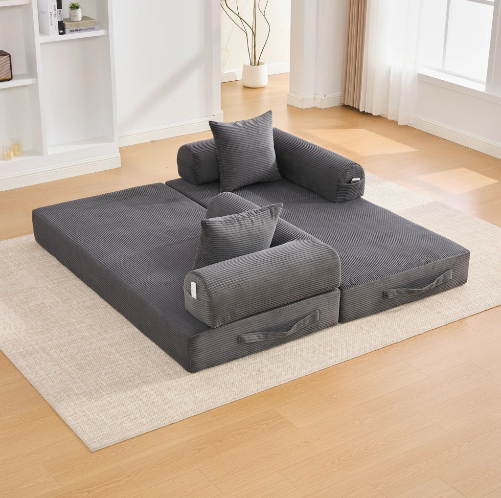 Divano modulare 200x94x67 cm con tasca laterale e 3 cuscini; tessuto a coste grigio scuro