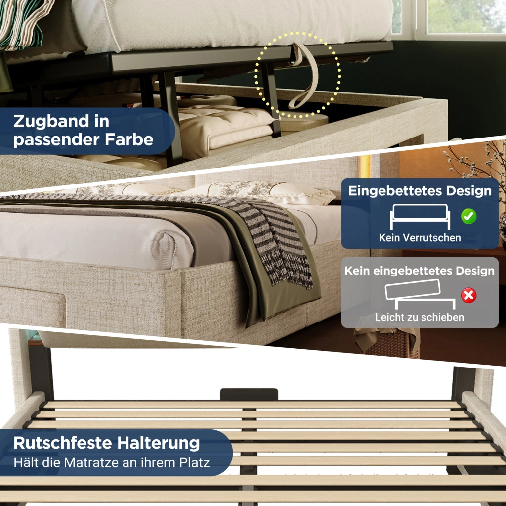 Letto matrimoniale 160x200 cm con contenitore idraulico; LED; USB e USB-C; beige in lino; con materasso