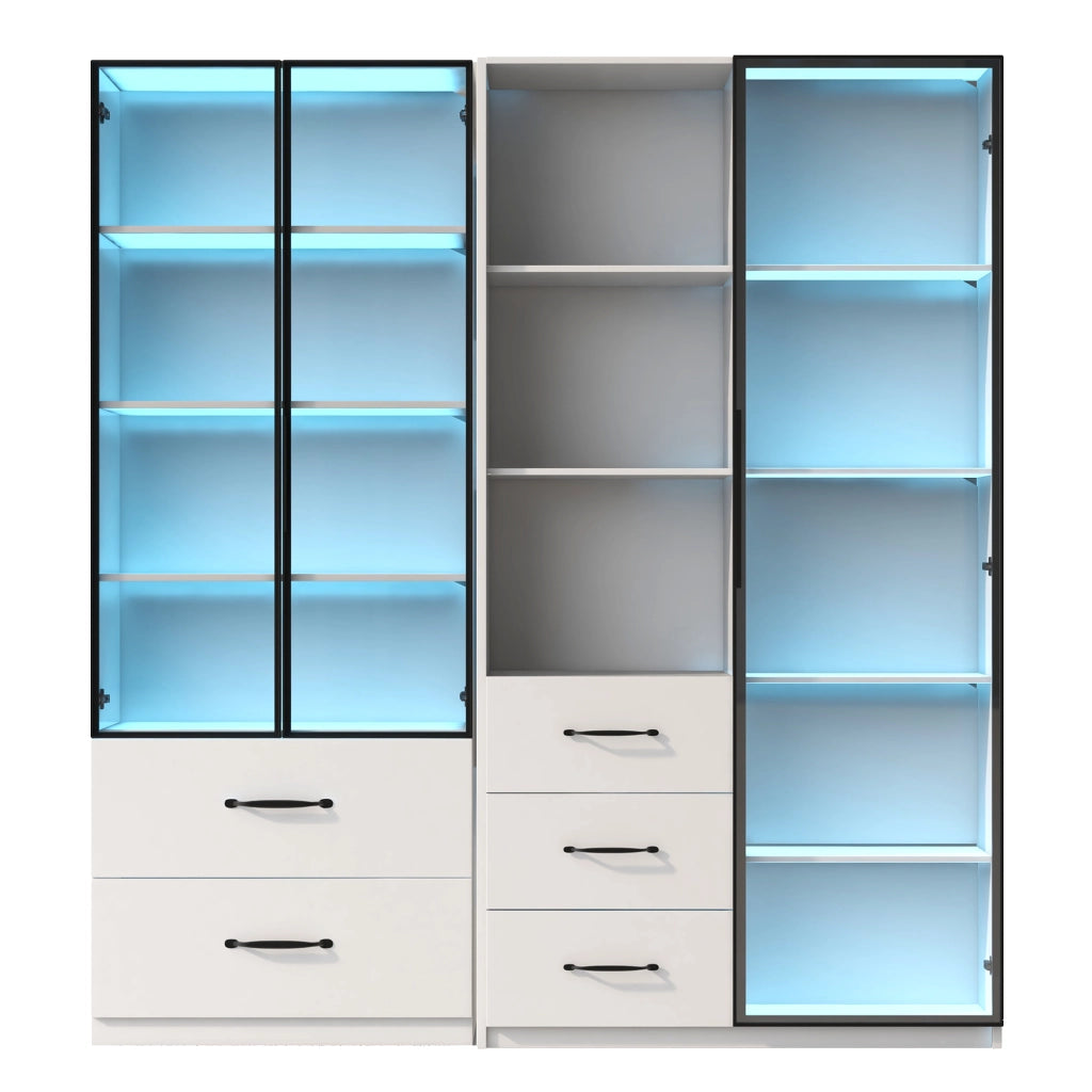 Vetrina LED modulare 140 x 40 x 160 cm con ante in vetro, ripiani aperti e cassetti, colore bianco