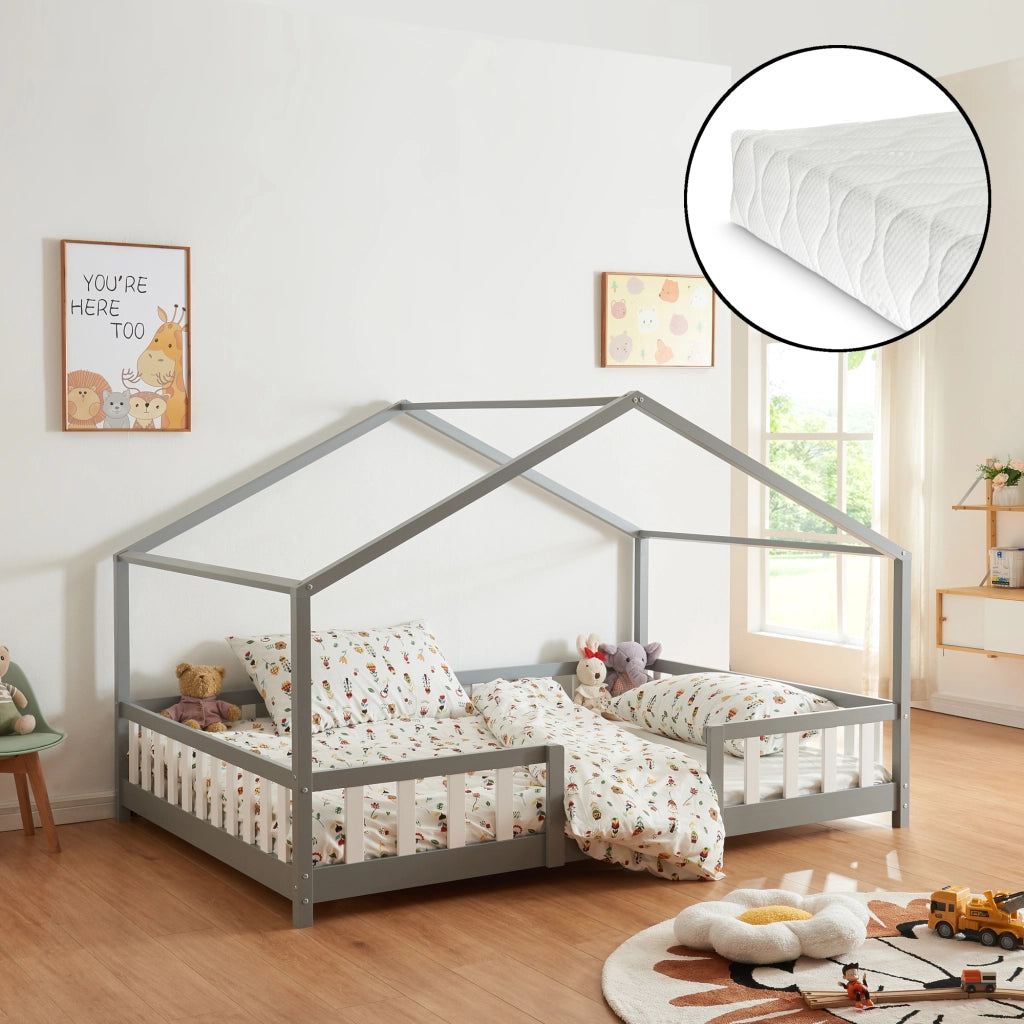 Letto per Cameretta Treviolo a Forma di Casetta con Materasso 140x200 cm Grigio [en.casa] [neu.haus]