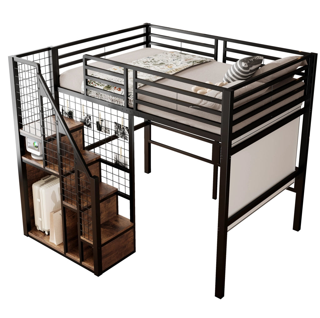 Letto a soppalco 140x200 cm in metallo nero con scala; zona appendiabiti e spazio sottostante