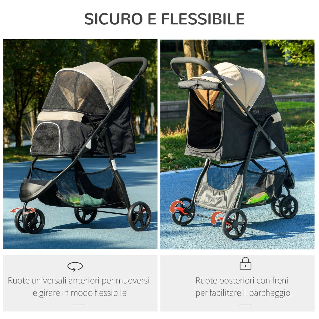 Passeggino per Cani Piccoli Pieghevole con Copertura Antipioggia a 3 Ruote Cachi