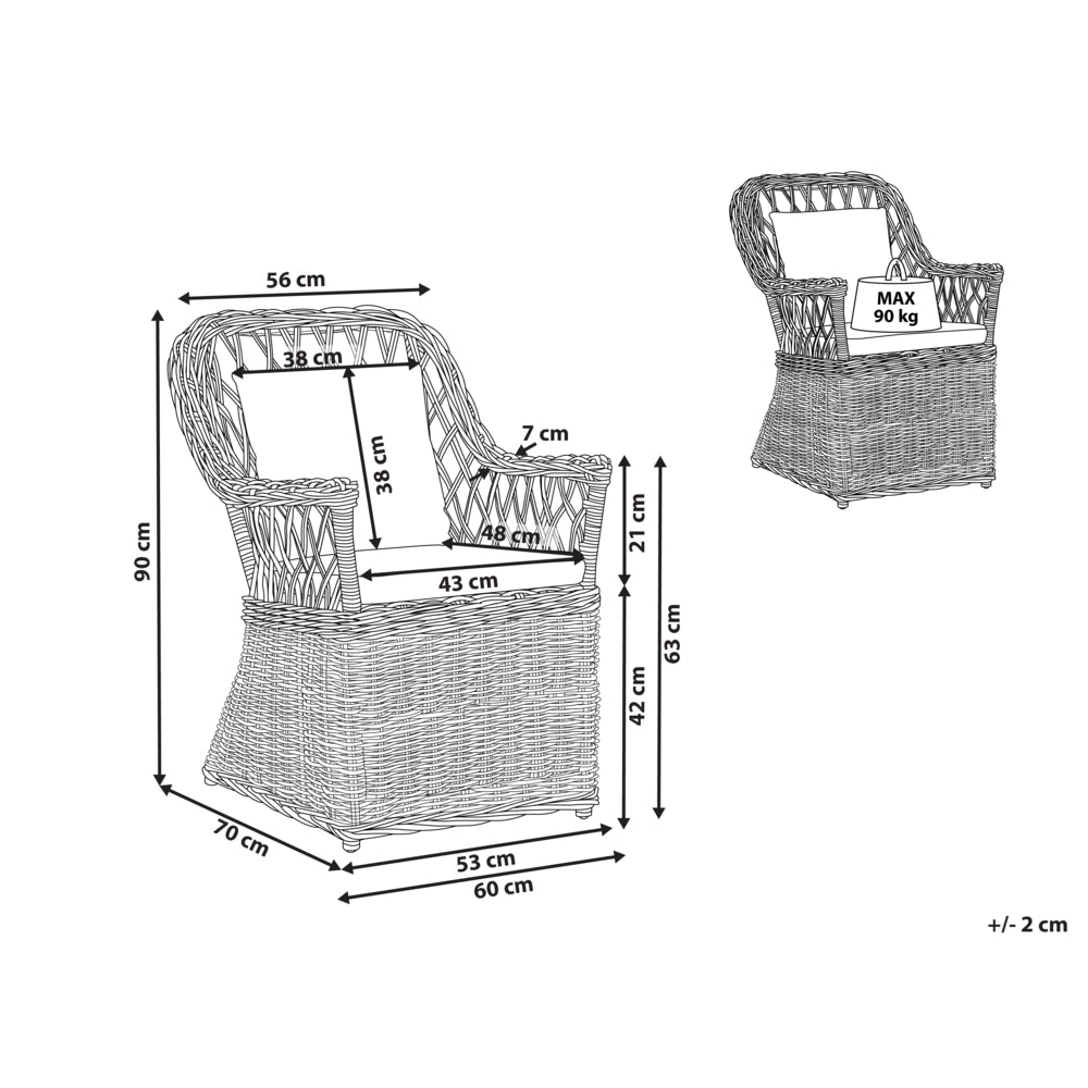 Poltrona da giardino in rattan naturale con cuscini dello schienale in cotone bianco sporco per interni ed esterni