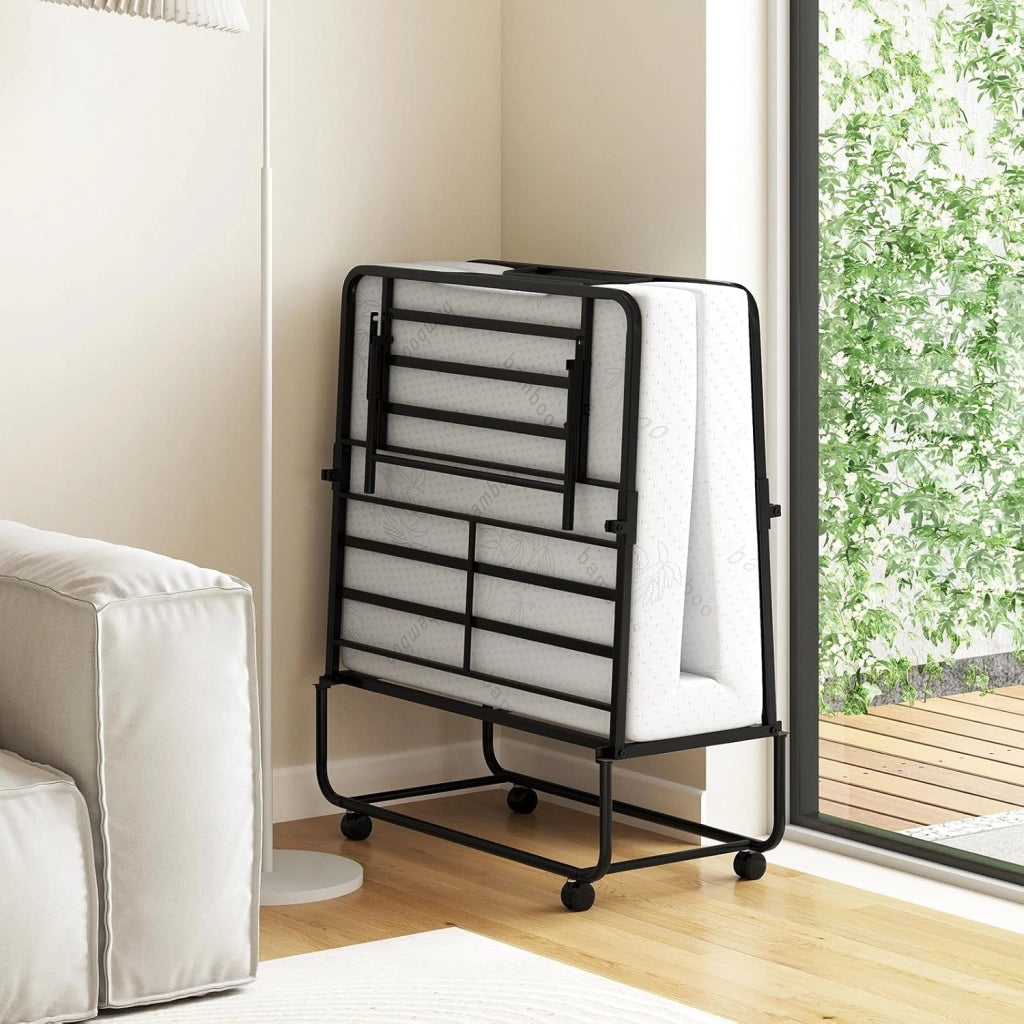 Brandina Pieghevole con Materasso, Letto Portatile per Ospiti con Telaio in Metallo Resistente, Letto Singolo con Ruote Bloccabili, 194x90 cm, Carico 220 kg