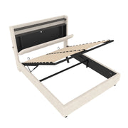 Letti contenitori 140x200 cm; testiera con ripiano e LED; velluto beige (Senza materasso)
