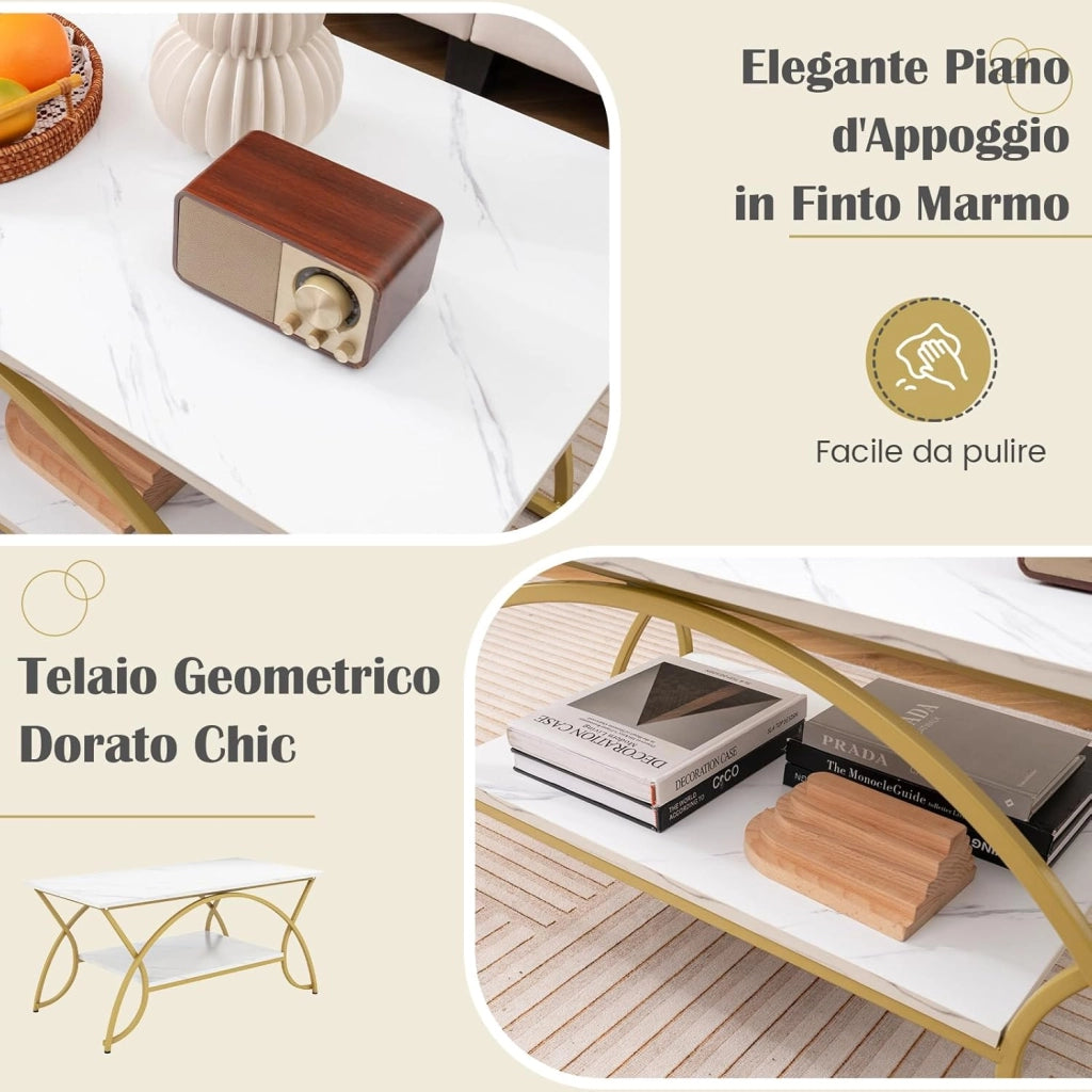 Tavolino da Caffè da Salotto, Tavolino Rettangolare a 2 Livelli con Struttura in Metallo, Tavolino Elegante e Moderno per Studio, Ufficio e Soggiorno, 100 x 50 x 45 cm (bianco e oro)