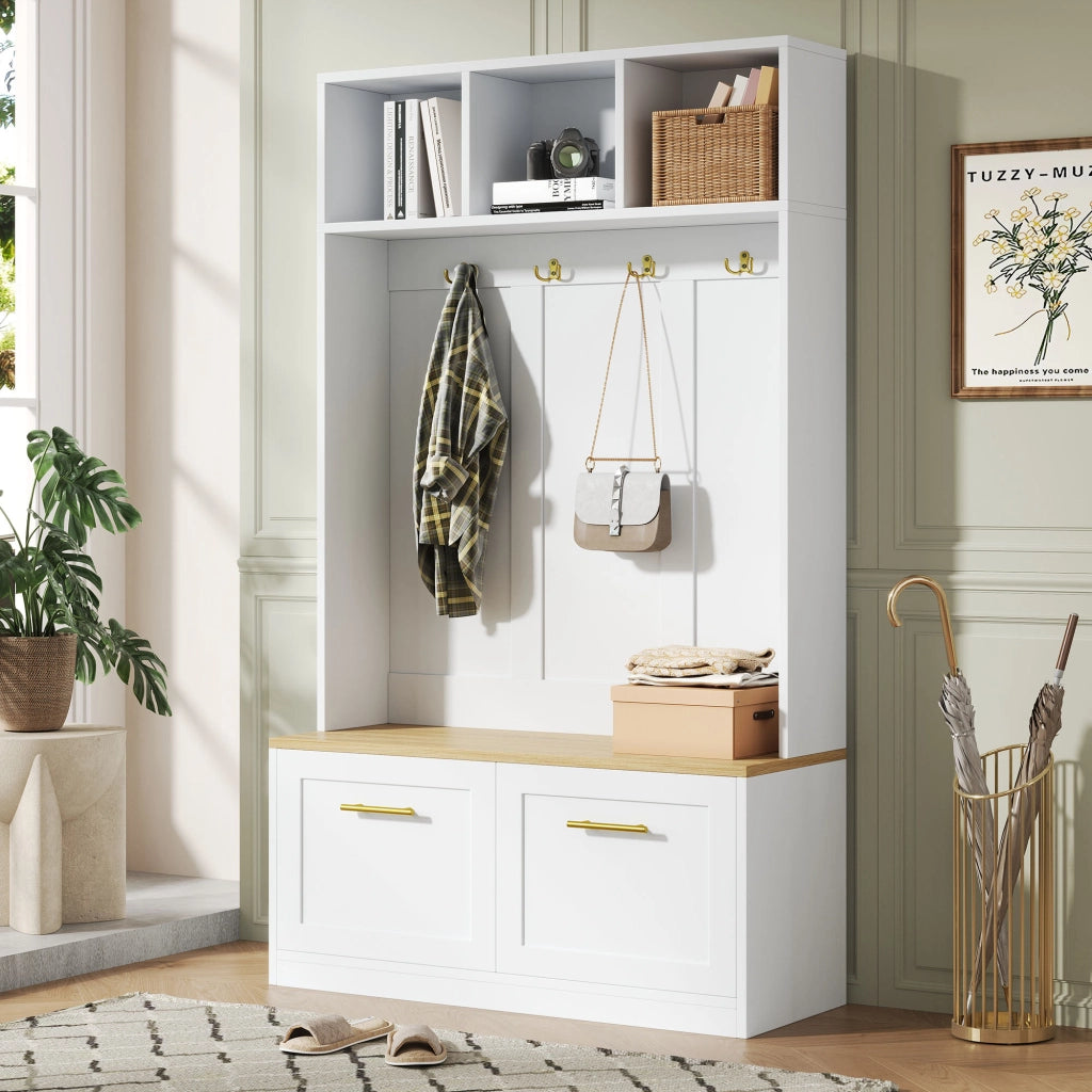 Guardaroba con Panca, Vano Aperto e 2 Ante ¨C MINIMAL ¨C Bianco/Naturale, 4 Ganci, 105x40x180 cm