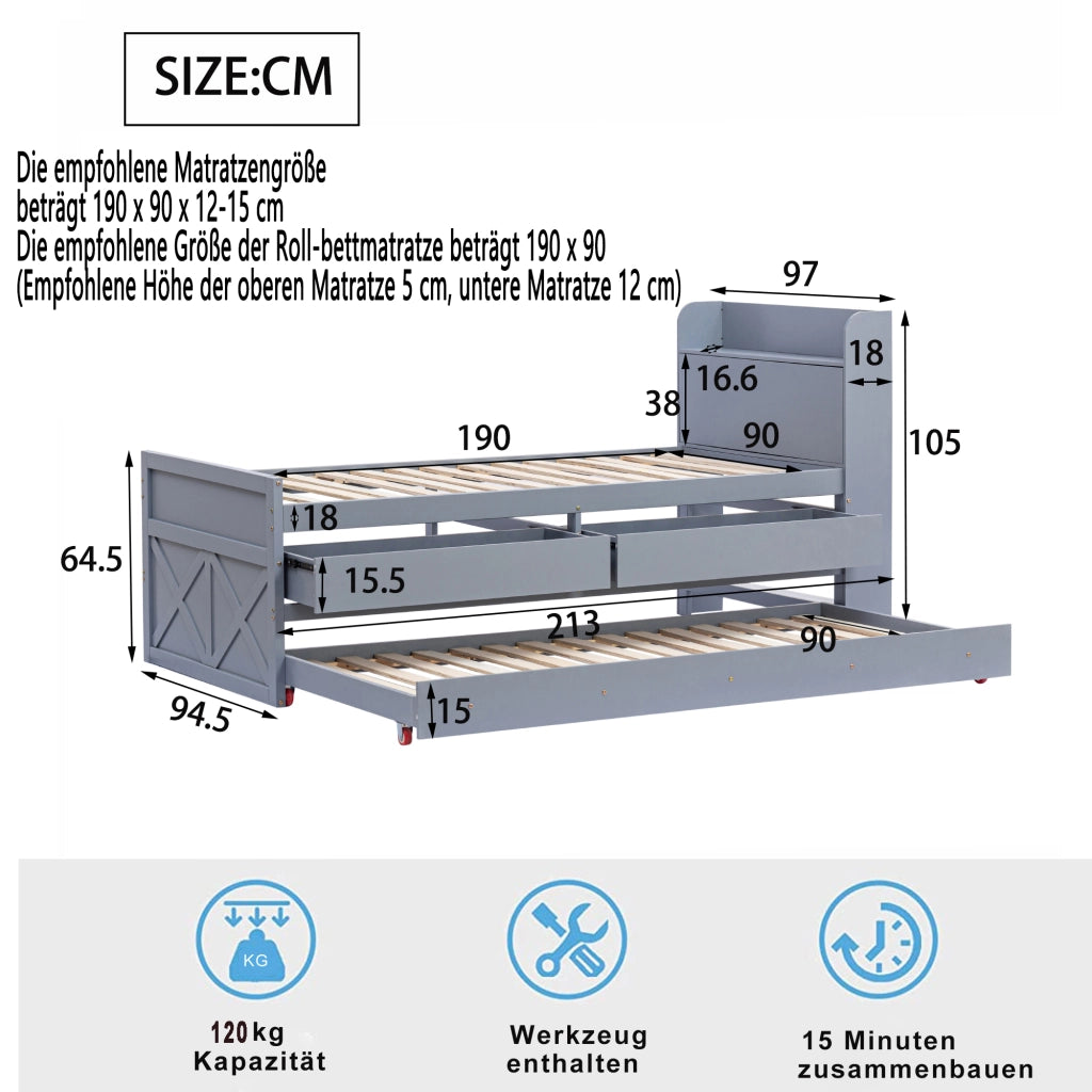 DESMIU Letto Estraibile 90 × 190 cm 1 Posto con 2 Cassetti, Vano Contenitore e USB, Senza Materasso, Legno Massello, Grigio