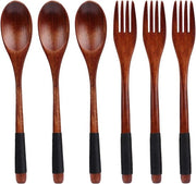 Set di cucchiai in legno-Set di utensili in legno-Set di forchette in legno-Set di cucchiai e forchette in legno naturali-Maniglia lunga-Design giapponese-Set di utensili in legno-6 pezzi di cucchiai in legno piccoli