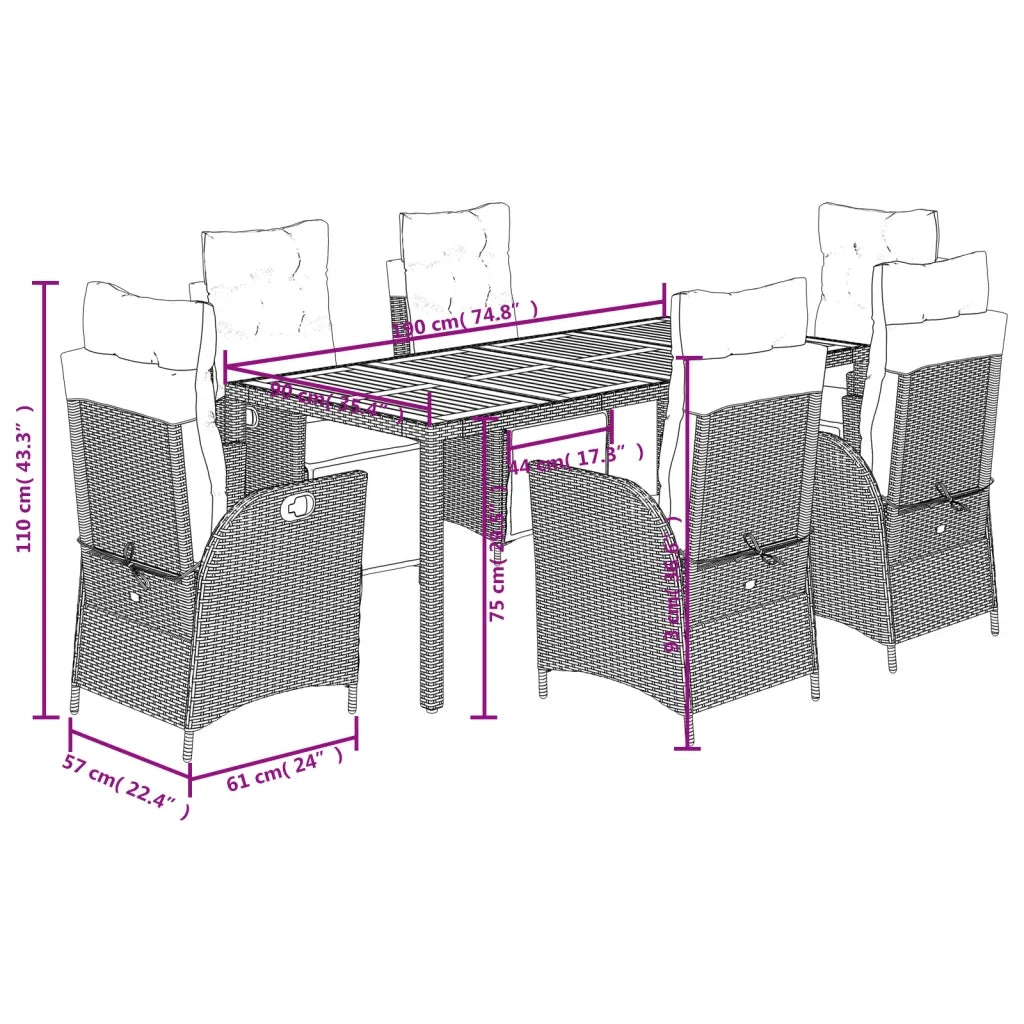Set da Pranzo da Giardino 7 pz Nero con Cuscini in Polyrattan