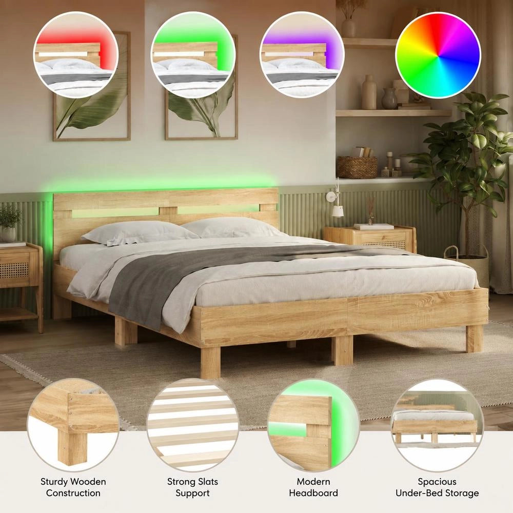 Bed Frame With Headboard And LED Lighting, Sonoma Oak, 140x200cm