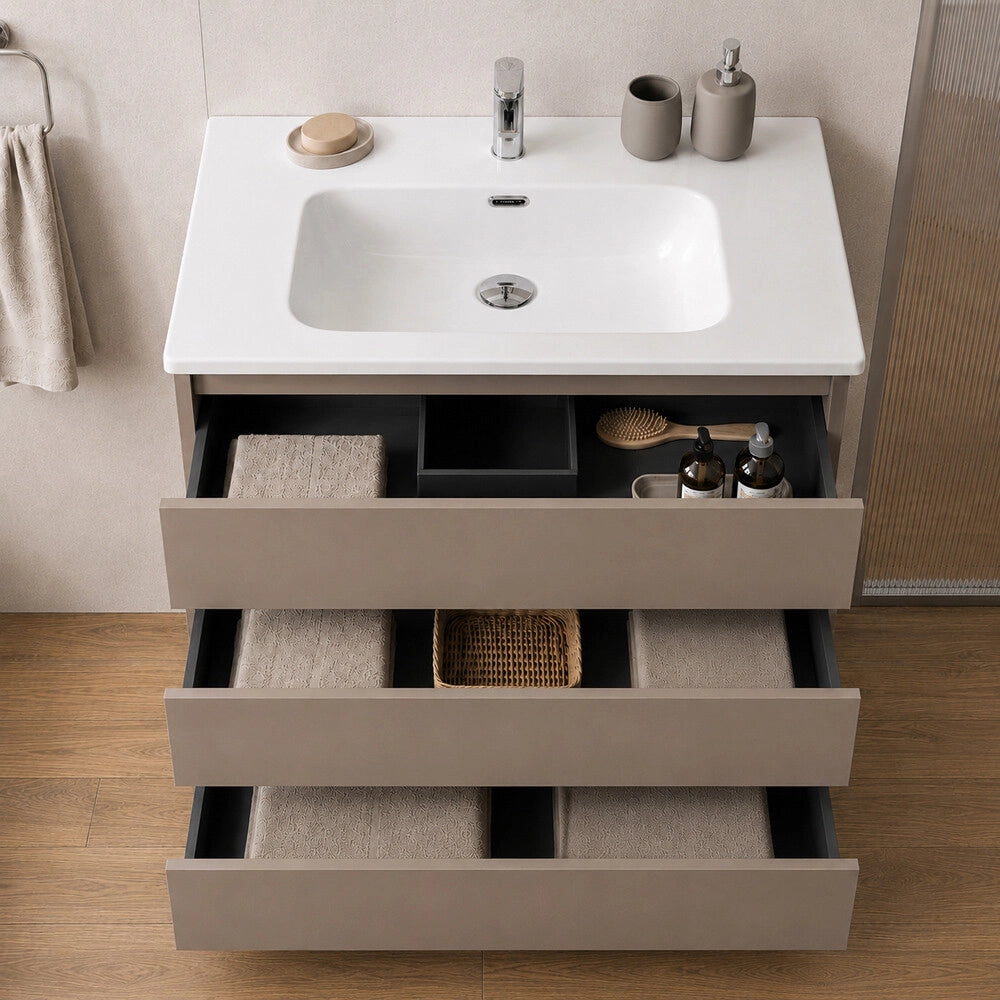Mobile bagno a terra 80 cm tortora tre cassetti push-pull con lavabo Tierra