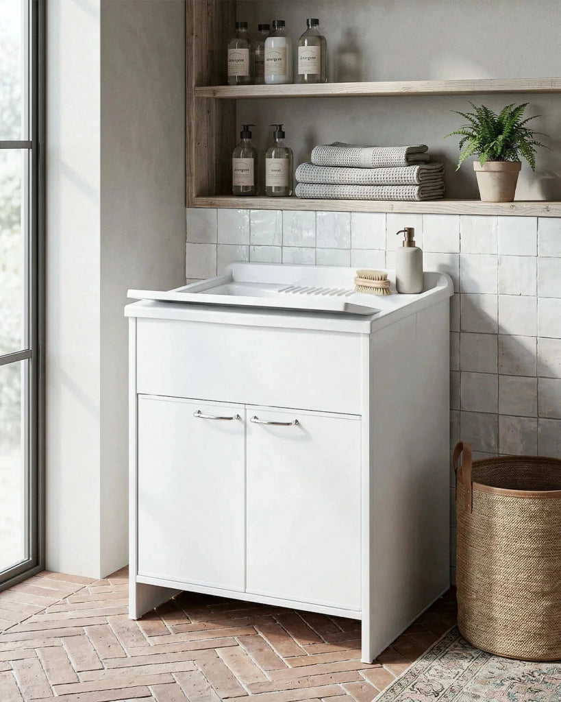 Mobile Lavatoio NEXA 60 – Lavapanni in PVC con Vasca e 2 Ante – 60x50x85 cm Bianco_