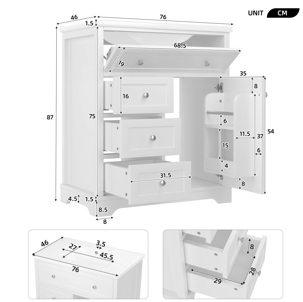 Mobile bagno con lavabo integrato bianco 76x46x87 cm