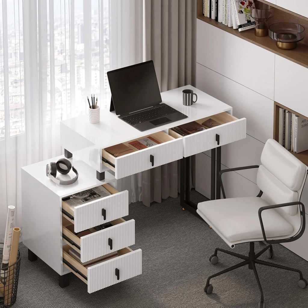 Toeletta con Luce LED, Luminosità Regolabile, Specchio a Nuvola, Piano Lucido, 5 Cassetti in Legno Massiccio, 1 Cassettiera, Moderno, Bianco e Nero