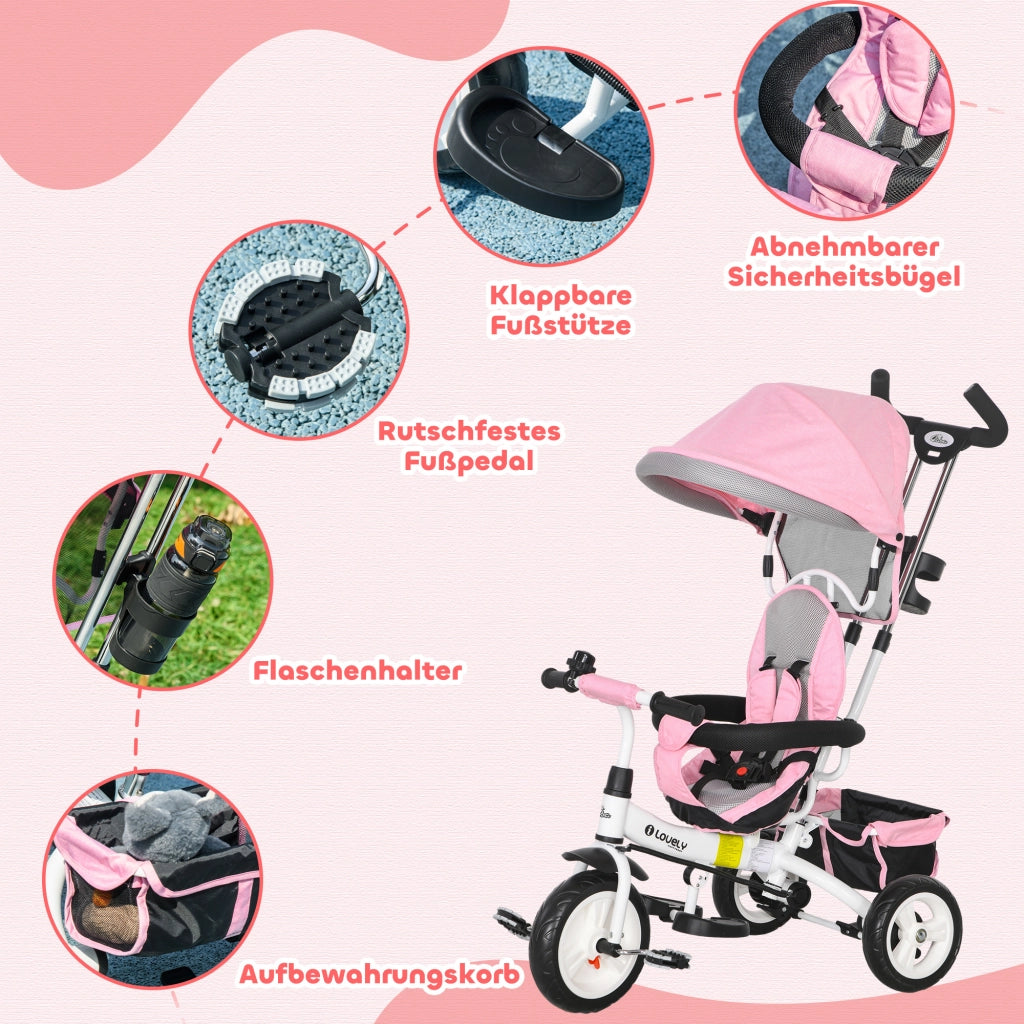 Triciclo Bambini 6 in 1 con Spinta, Cestino e Cintura di Sicurezza ¨C Zephmum ¨C Rosa