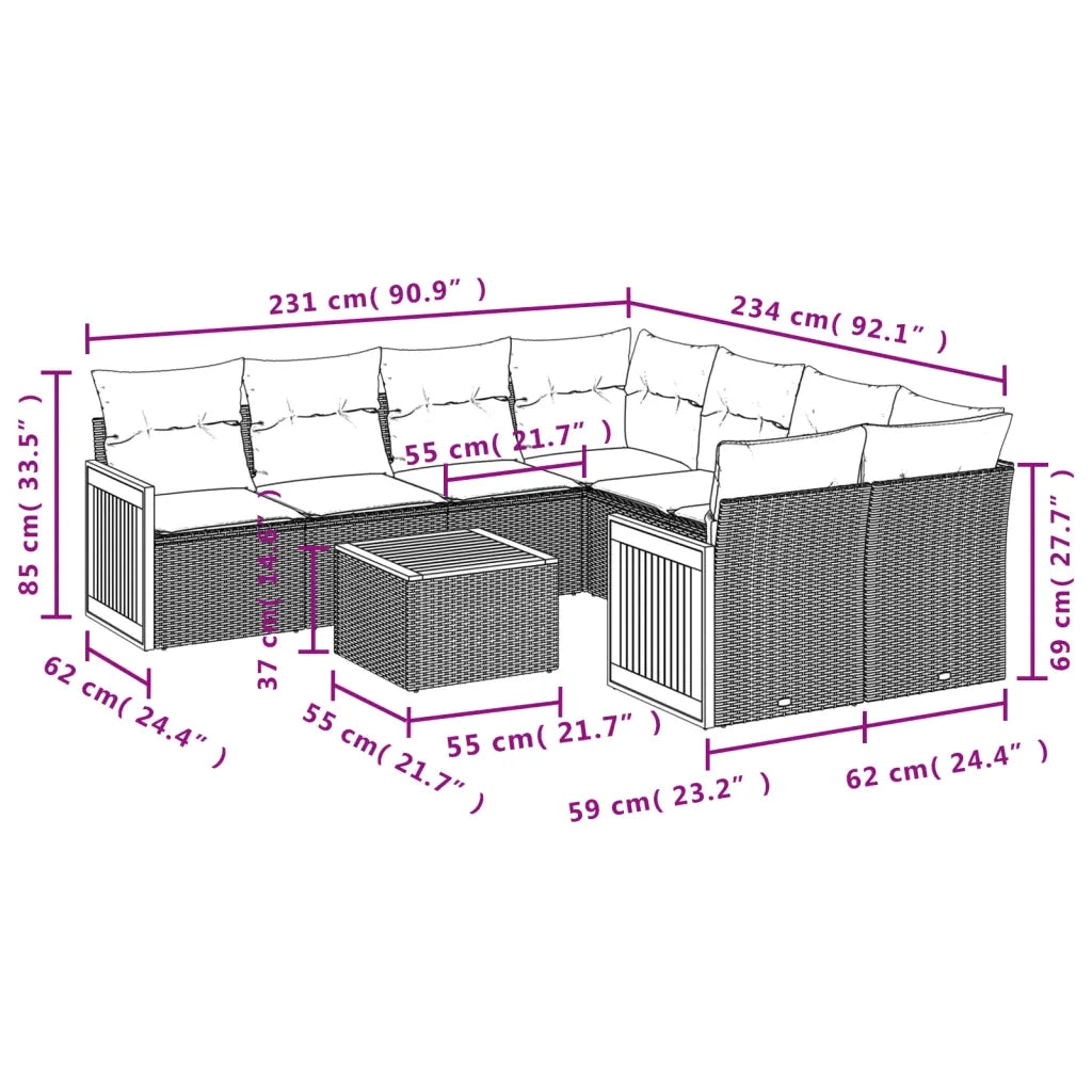 Set Divano da Giardino 9 pz con Cuscini Beige in Polyrattan