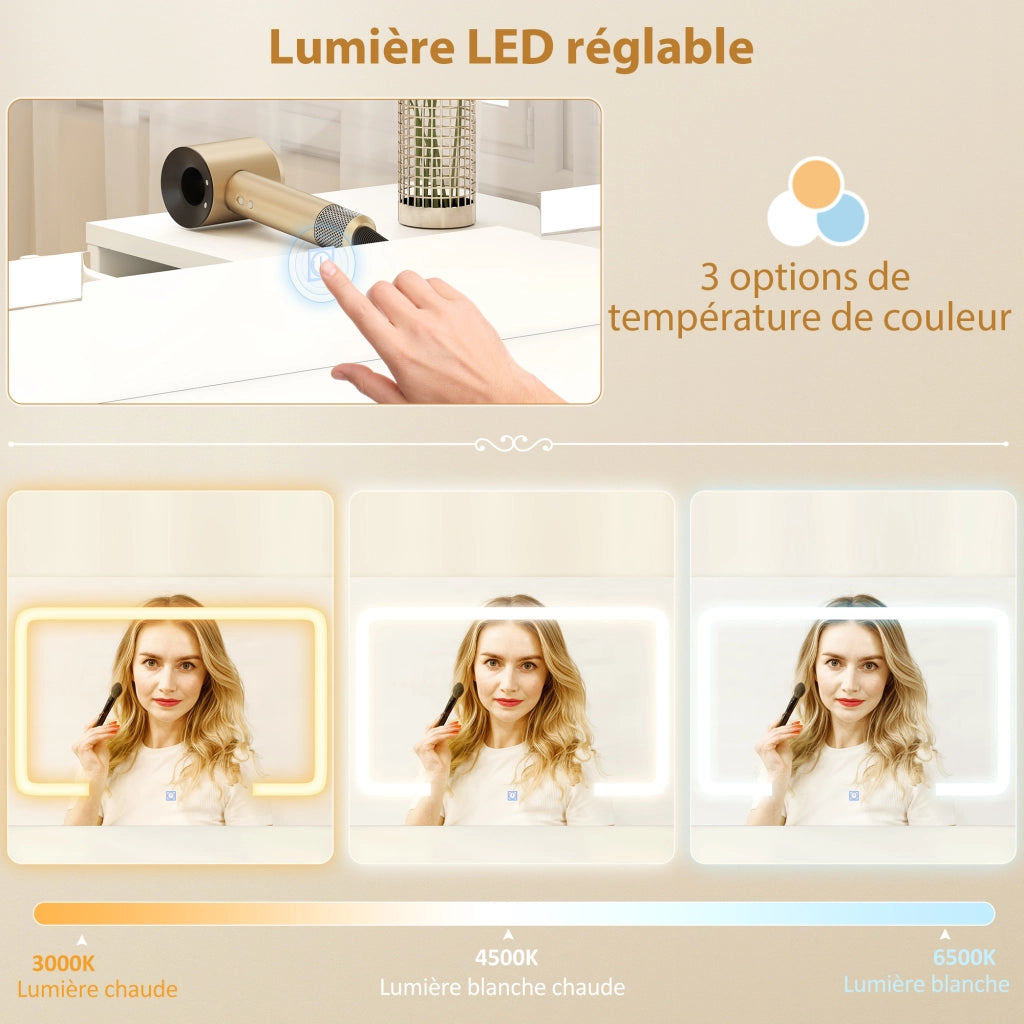 Scrivania trucco con specchio e sgabello ¨C Xylo ¨C LED regolabile, 6 cassetti, bianco, 118x78x135 cm