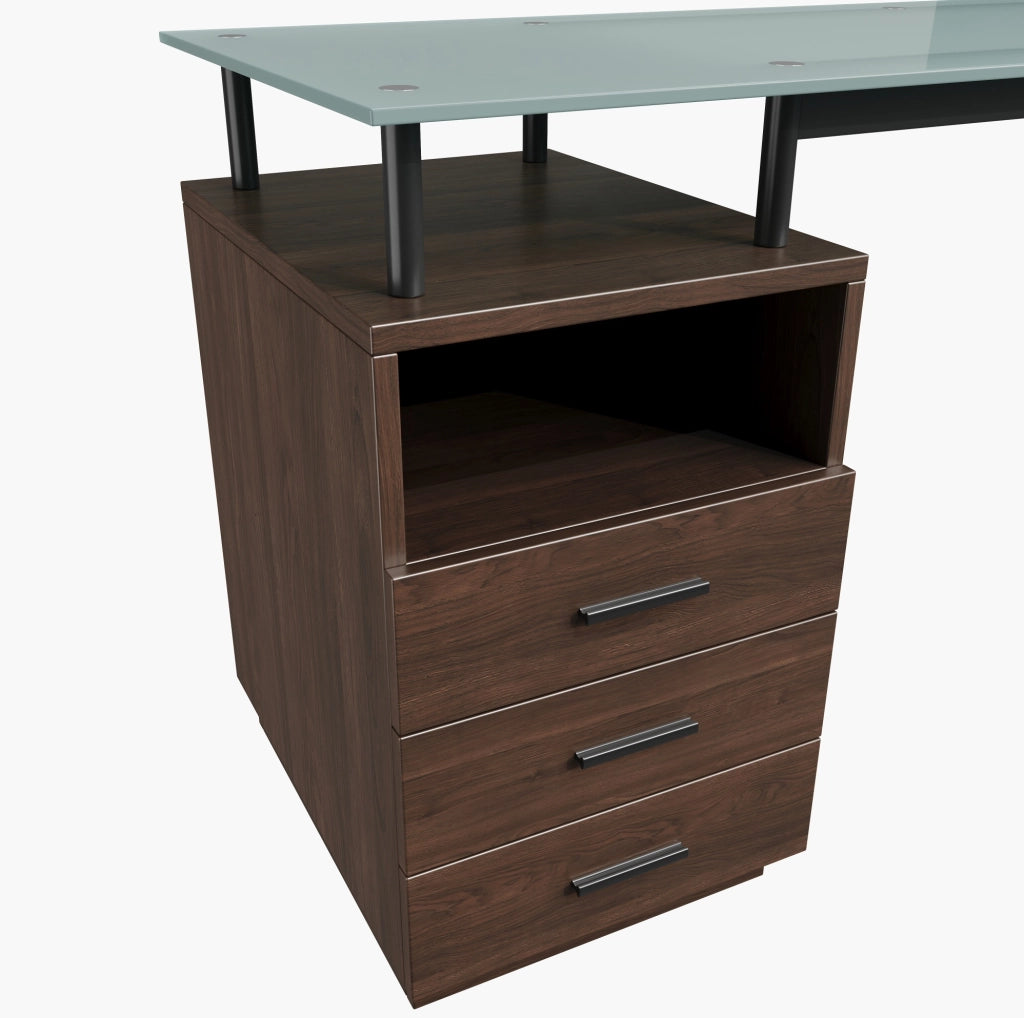 Scrivania moderna 130x50x75 cm con piano in vetro, 3 cassetti e vano aperto