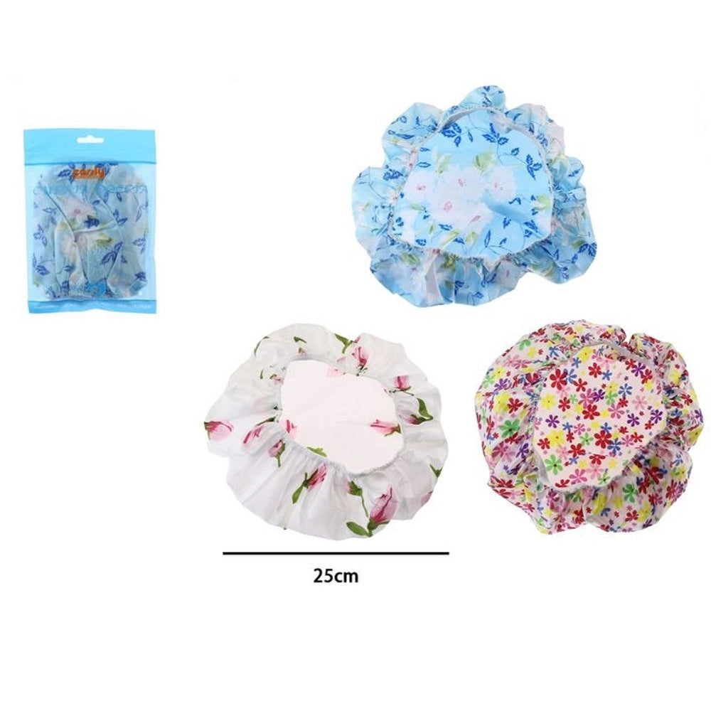 Trade Shop - Set 3pz Cuffia Per Doccia Bagno Fantasia Fiori Colorati Elastico Protegge Capelli 87178 -