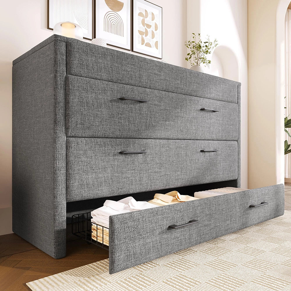 Letto contenitore 140x200 cm - Xylo - con cassetto, porte USB e Type-C, tessuto lino grigio, senza materasso