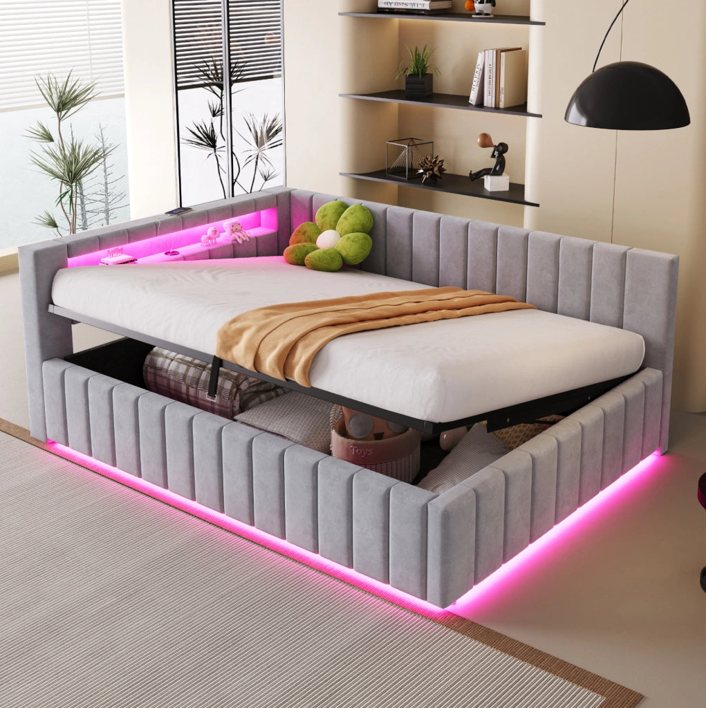 Letto imbottito 140x200 cm con contenitore idraulico, LED e USB in velluto grigio