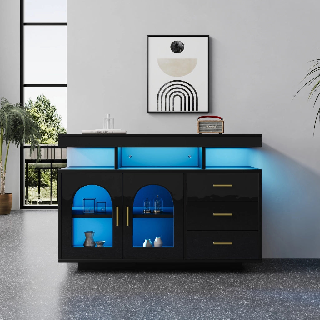 Credenza con 2 ante e 3 cassetti; LED RGB - per soggiorno - 120x40x80 cm - nero