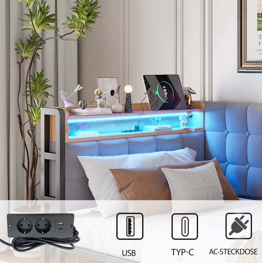 Divano letto imbottito 90x200 con 2 cassetti; LED; USB e Type-C; grigio