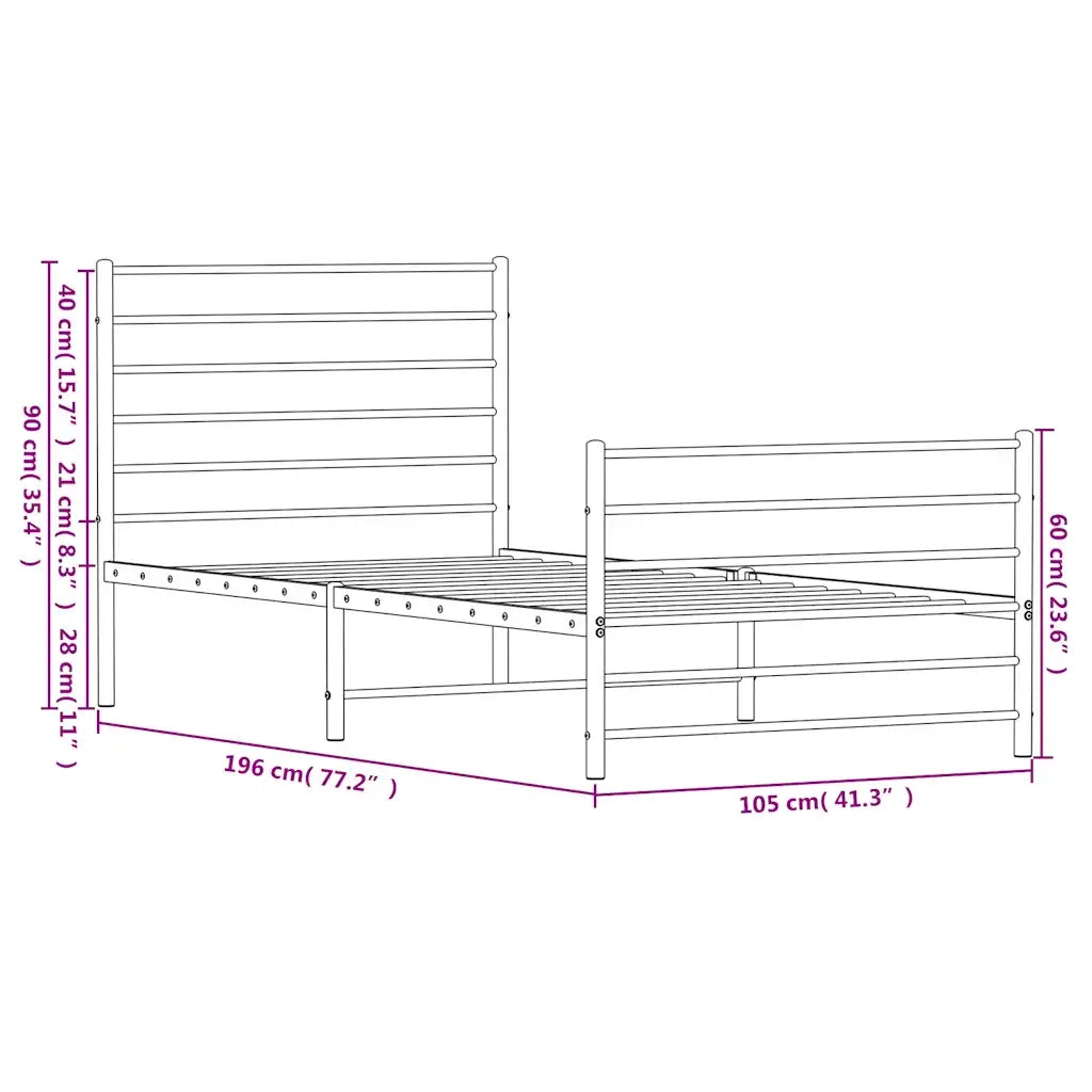 Letto singolo | Letto per adulti | Giroletto con Testiera e Pediera Metallo Nero 100x190 cm
