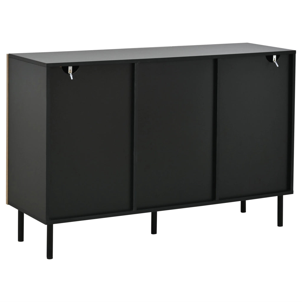 Credenza, 120 x 40 x 76 cm, in truciolato, 3 cassetti, finitura effetto legno, color legno naturale e nero