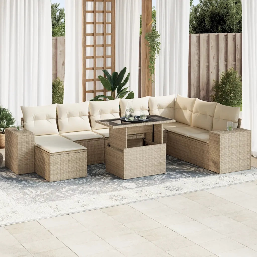 Set Divano da Giardino 9 pz con Cuscini Beige in Polyrattan 3326849