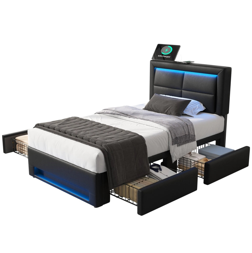 Letto imbottito 90x200 cm in PU nero con USB; illuminazione LED e 4 cassetti