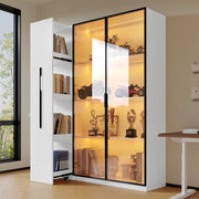 Vetrina LED in MDF 110,5x35x160 cm con anta in vetro colorato e vano laterale estraibile, bianca
