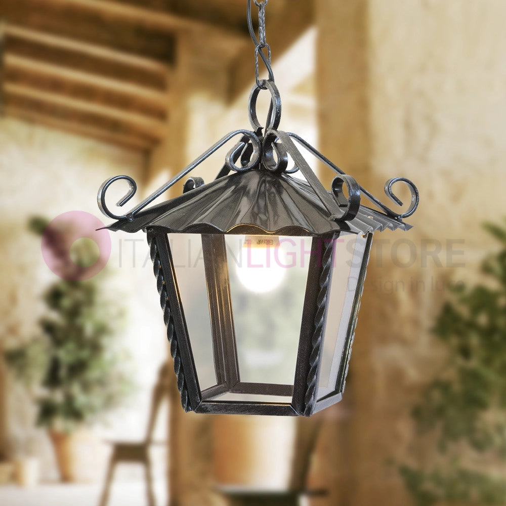 UMBRIA PICCOLA Lanterna Quadrata L.21 con Catena Ferro Battuto Design Rustico