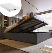 Letto matrimoniale imbottito 160x200 cm grigio con ricarica wireless; USB e contenitore; con materasso