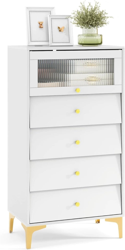 Cassettiera Camera da Letto con 4 Cassetti, Comodino Salvaspazio con Scomparto con Vetrina Ribaltabile, Mobile per Soggiorno Ingeresso e Studio, 60 x 40 x 112,5 cm, Bianco