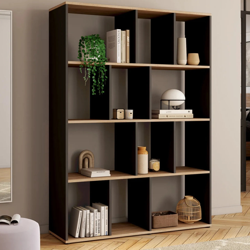 IDMarket - Estantería COLETTE con XX compartimentos negros y efecto madera H.XX cm