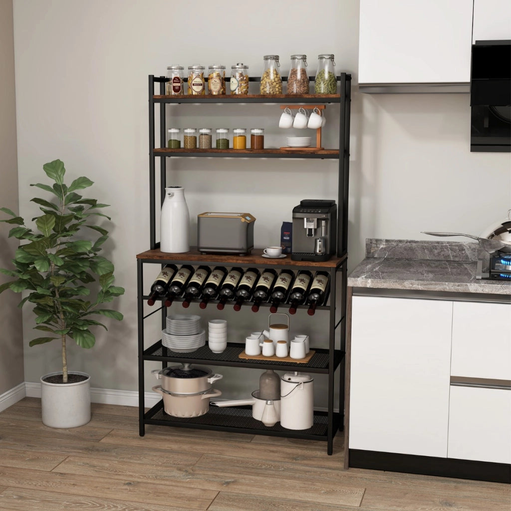 Scaffale da cucina a 6 ripiani con portabottiglie 2 ripiani in rete-Scaffale porta microonde alto Marrone rustico