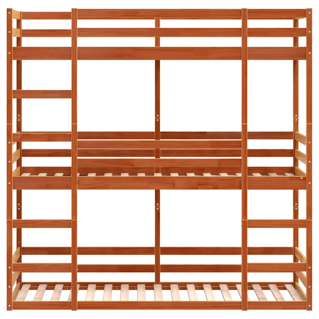 Letto Castello Triplo Marrone Cera 90x190cm Legno Massello Pino