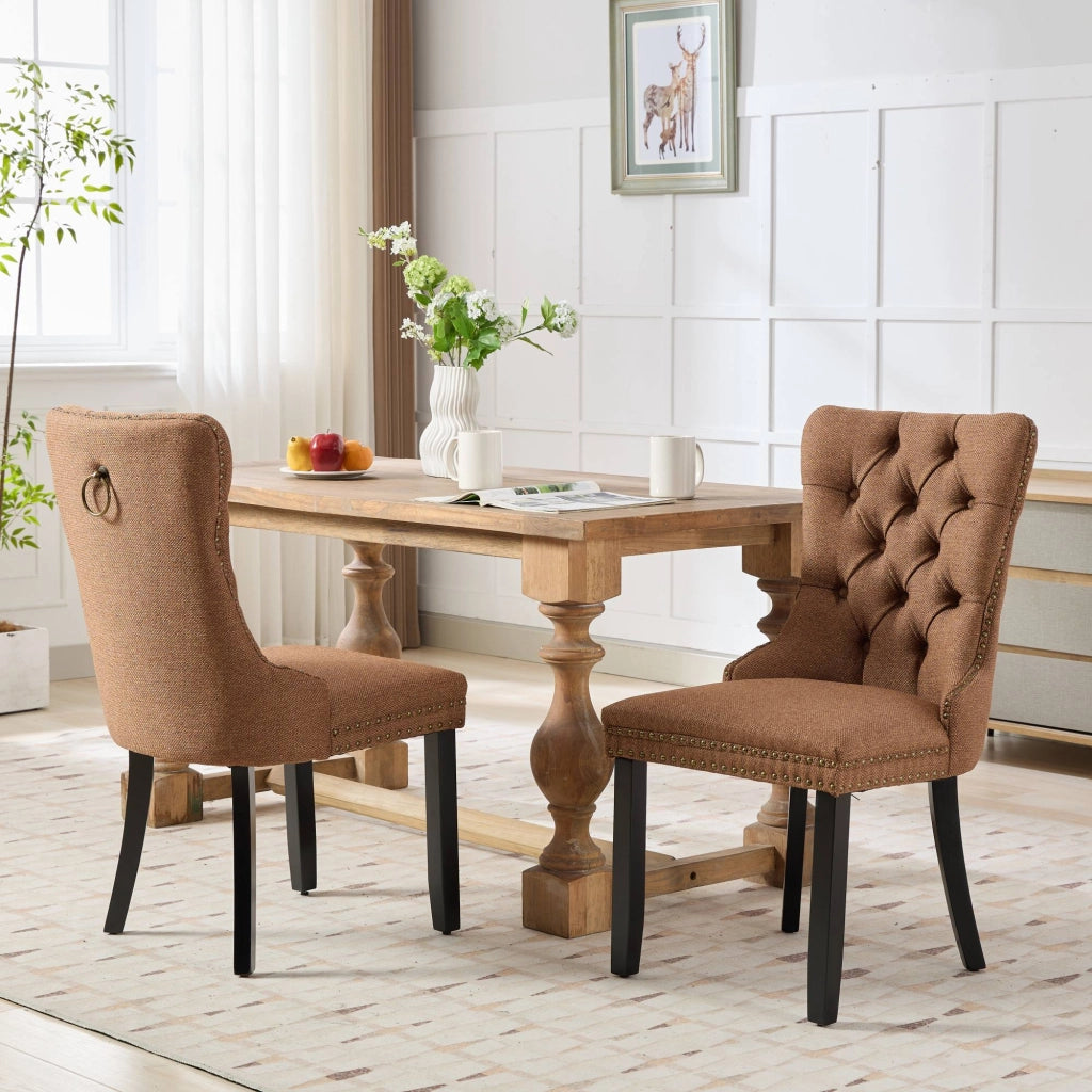 Sedie da Pranzo Imbottite in Lino con Gambe in Legno Massello ¨C MINIMAL ¨C Set 2 Pezzi, Marrone
