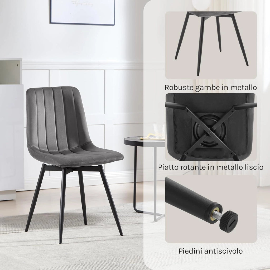 Set di 4 Sedie Sala da Pranzo, Sedie da Cucina con Schienale, per Sala da Pranzo/Soggiorno/Camera da Letto, Sedile Imbottito, Gambe in Metallo, Velluto, Grigio Scuro