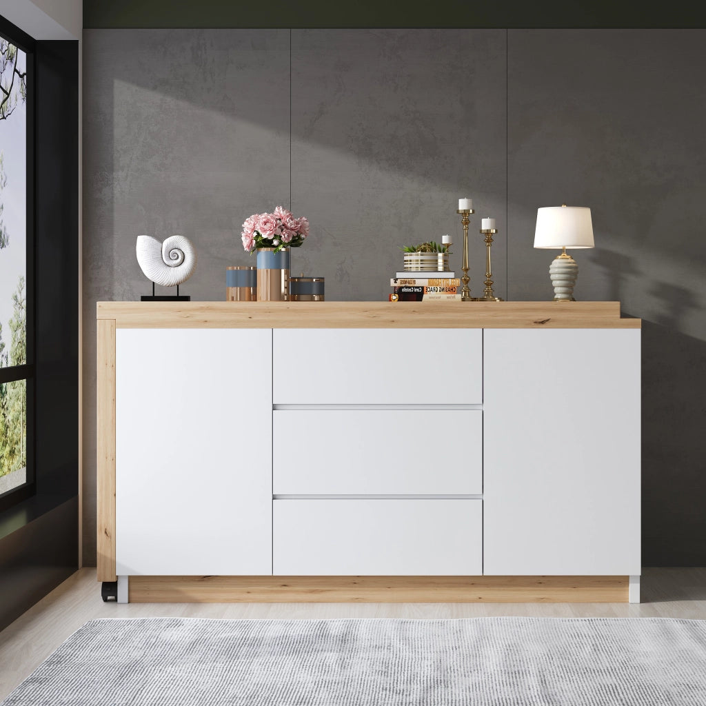 Scrivania pieghevole con 2 ante, 3 cassetti e ruote con freno, in truciolato bianco rovere, 120 × 50 × 76,5 cm