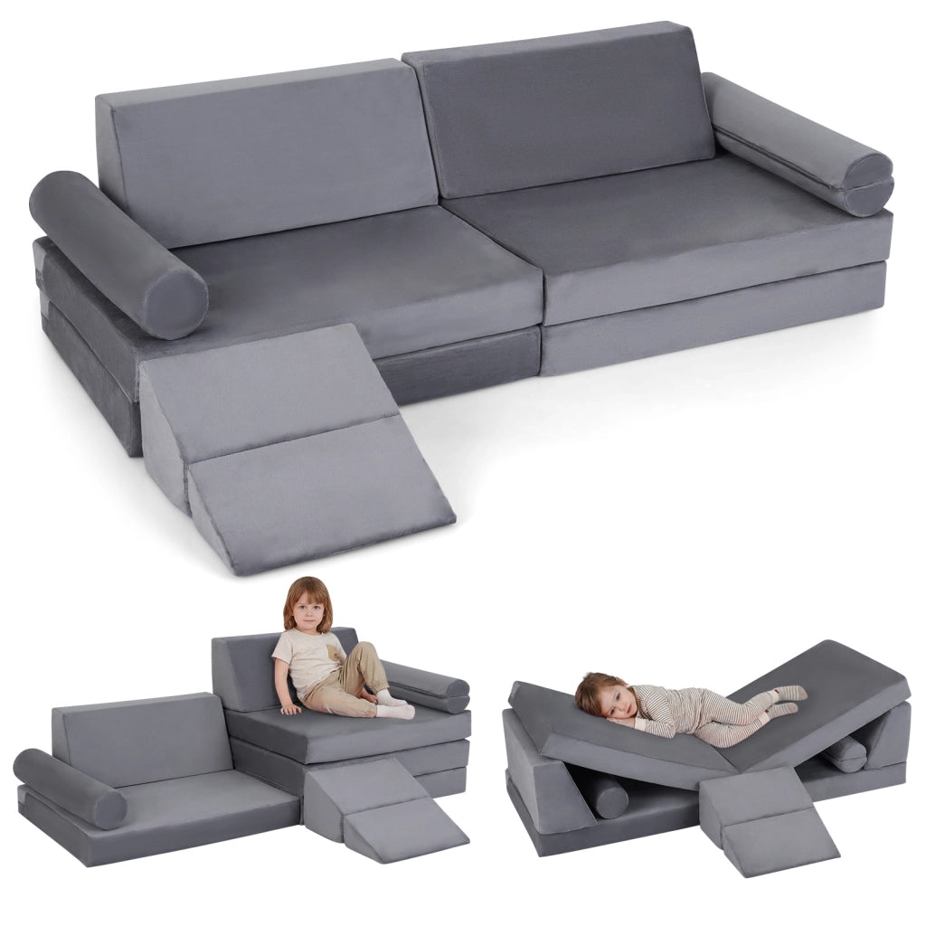 Divano componibile per bambini con rivestimento in velluto cristallo, Divanetto modurale sottovuoto a 10 pezzi Grigio