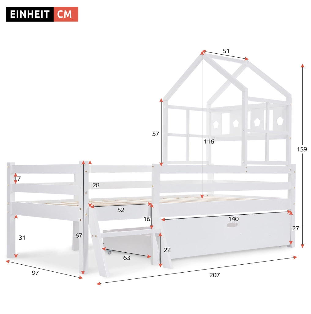 Letto a soppalco per bambini 90x200 cm bianco con scala, cassetto e rete