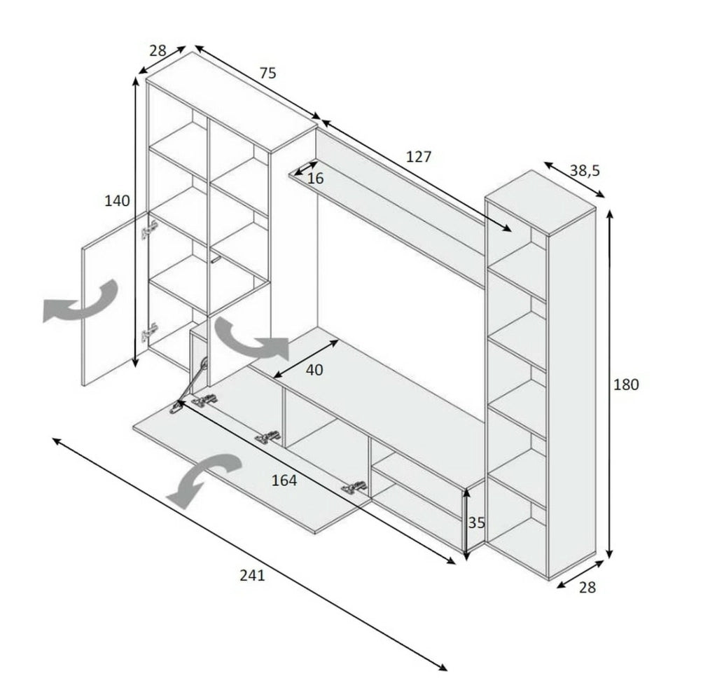 Parete attrezzata Argus, Set da soggiorno con ante e ripiani, Mobile salotto multiuso, 241x28h180 cm, Bianco e Rovere Nodi