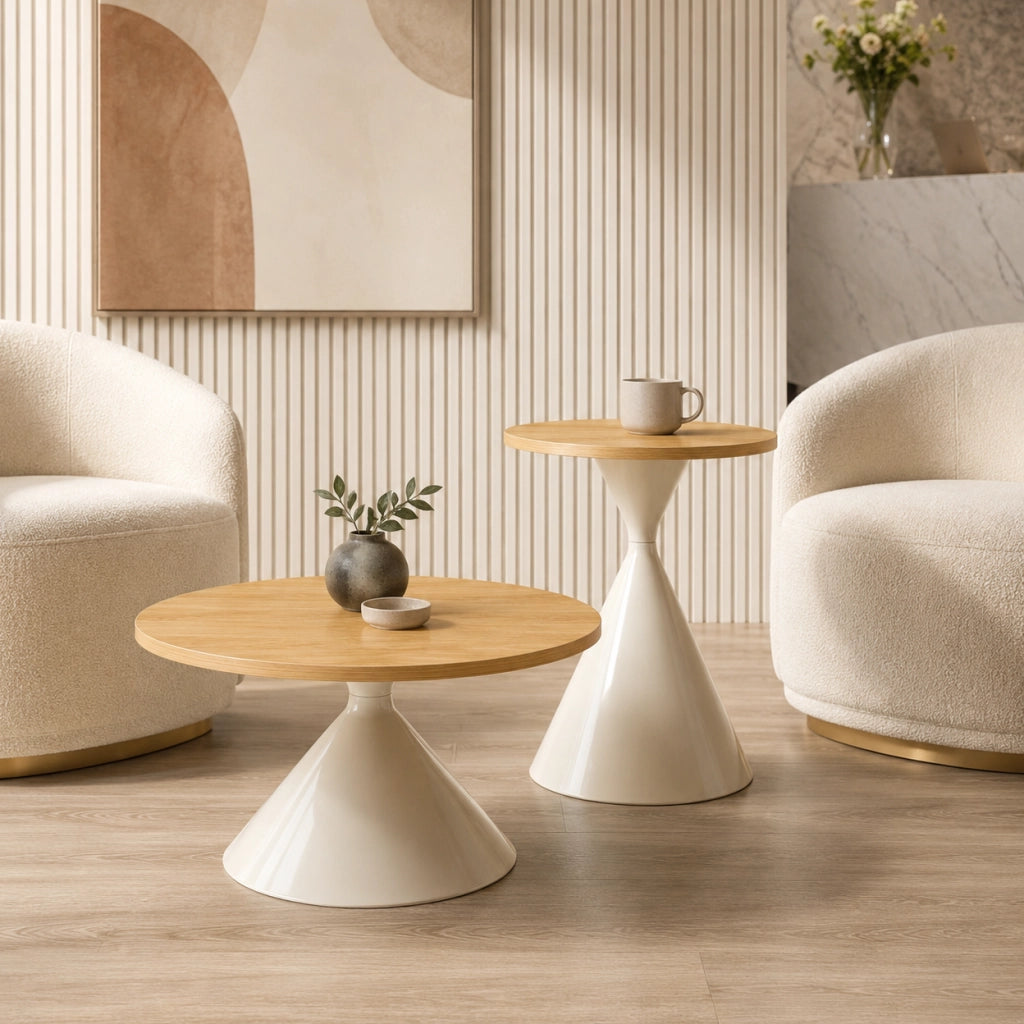 Set di 2 tavolini rotondi in MDF e metallo; ?70 x H40 cm e ?50 x H50 cm