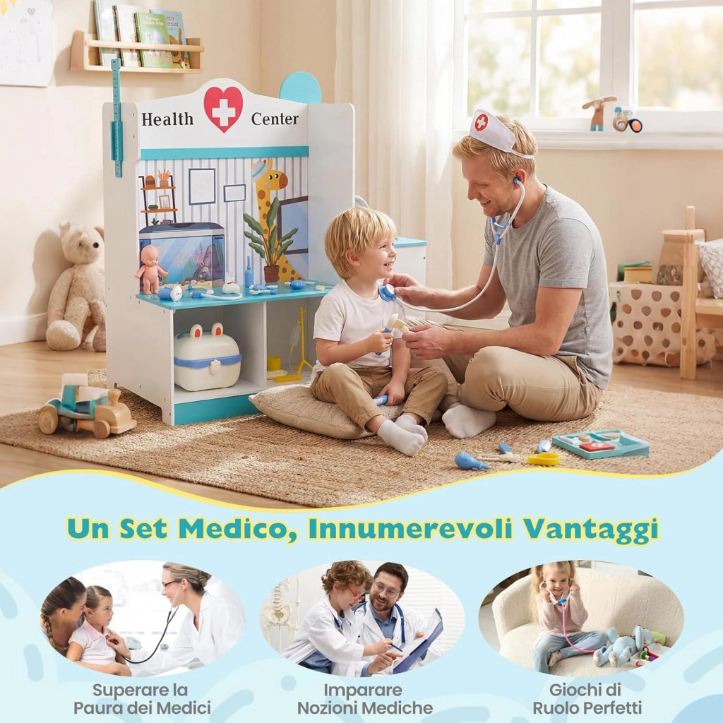 Kit Dottoressa Bambini a Tre Facce, Centro Medico Giocattolo in Legno con Monitor ECG, Rubinetto e 27 Accessori, Luci e Suoni, Regalo Bambini 3-6 Anni, 93 x 54,5 x 98,5 cm